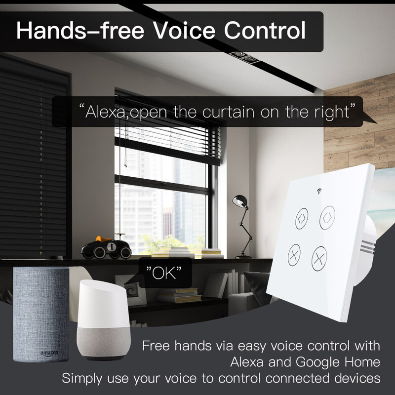 MOES-Interruptor Cortina Dupla para Obturador de Rolo, Motor Elétrico, Google Home, Alexa Voice, Tuya Smart Life, Wi-Fi, 2 Gang