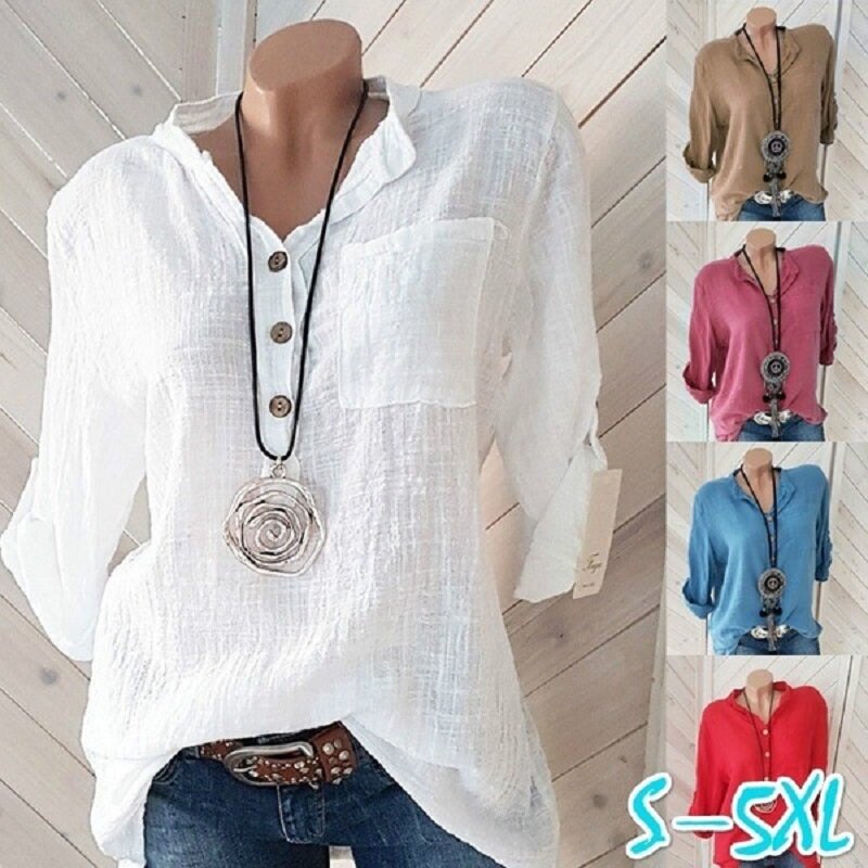 Oversized blusas femininas blusa de linho de algodão camisas de outono casual manga longa botão com decote em v camisa solta senhora topos plus size S-5XL