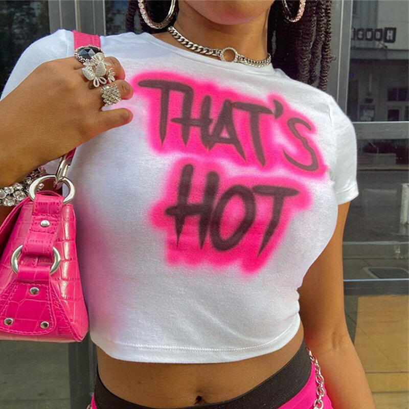 Maglietta da donna calda a vista Navel All-match fritta Street Tees top Y2k American Retro Fun Graffiti Letter print T-shirt Crop top