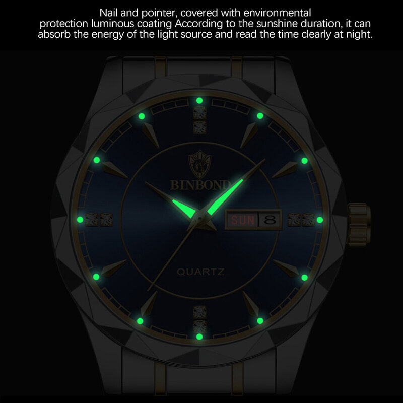 BINBONG jam tangan pasangan, arloji Dial berlian bercahaya tampilan kalender mingguan 2023 Quartz tahan air 5552