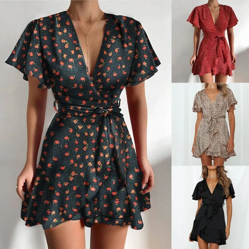 2022 Summer European And American Hot Style Bright Color V-neck Pullover Print Ruffled Polyester Belt Wrap Short Dress Women