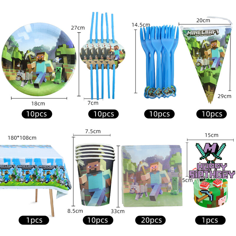 Penambang Kerajinan Pixel Dekorasi Pesta Permainan Anak-anak Pesta Ulang Tahun Sekali Pakai Peralatan Makan Cangkir Piring Balon Perlengkapan Bayi Mandi