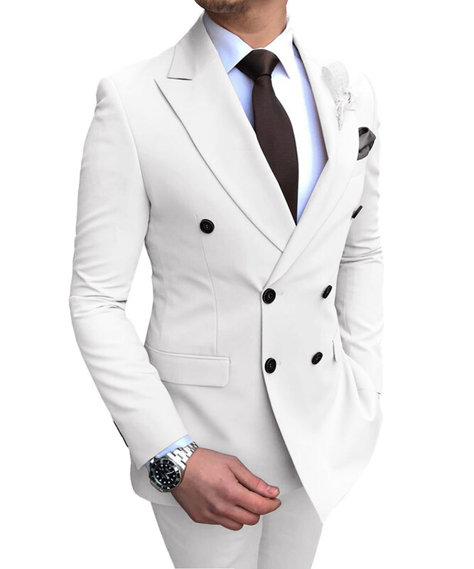 Costume à revers à Double boutonnage pour homme, 2 pièces, Beige, Slim, décontracté, Tuxedos de mariage (Blazer + pantalon), 2022