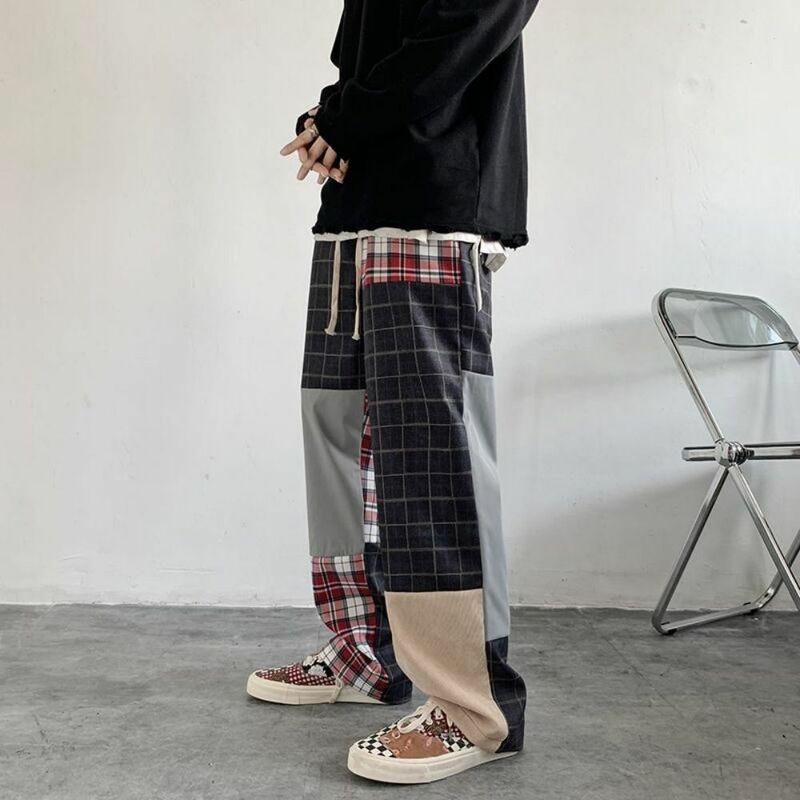 Pantalones de calle a cuadros para hombre, pantalón de pierna ancha, Harajuku coreano, con cordón de contraste de Color, holgado, de gran tamaño, Hip Hop