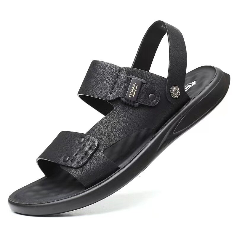 Black Genuine Leather Sandals Summer Men's Casual Outdoor Sports Beach Shoes Trend Soft Sole Two-wear Non-slip Open-toed Sandals