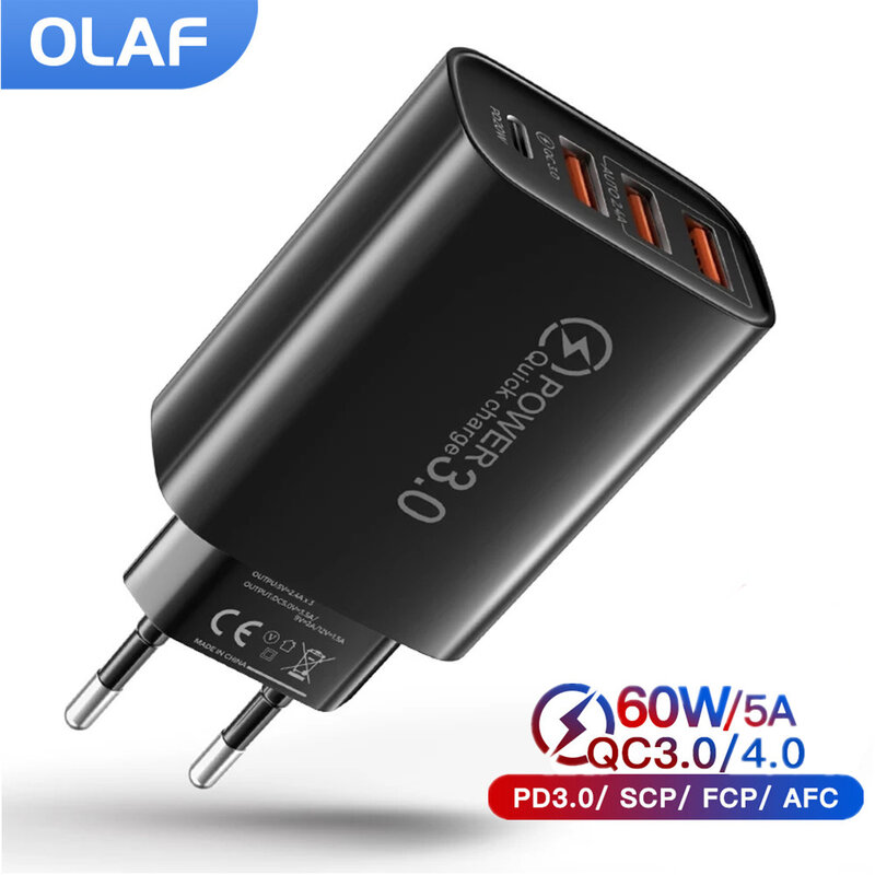 Olaf-cargador USB de carga rápida 3,0 de 60W, 4 puertos, PD, tipo C, para iphone, Huawei, Xiaomi, Samsung, enchufe europeo y estadounidense