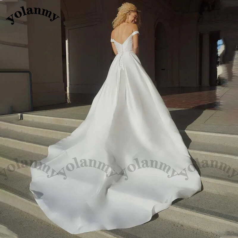 YOLANMY Simple V-Neck Zipper Wedding Dresses For Mariages Satin Button Cap Sleeve Backless Charming Side Slit  Personalised