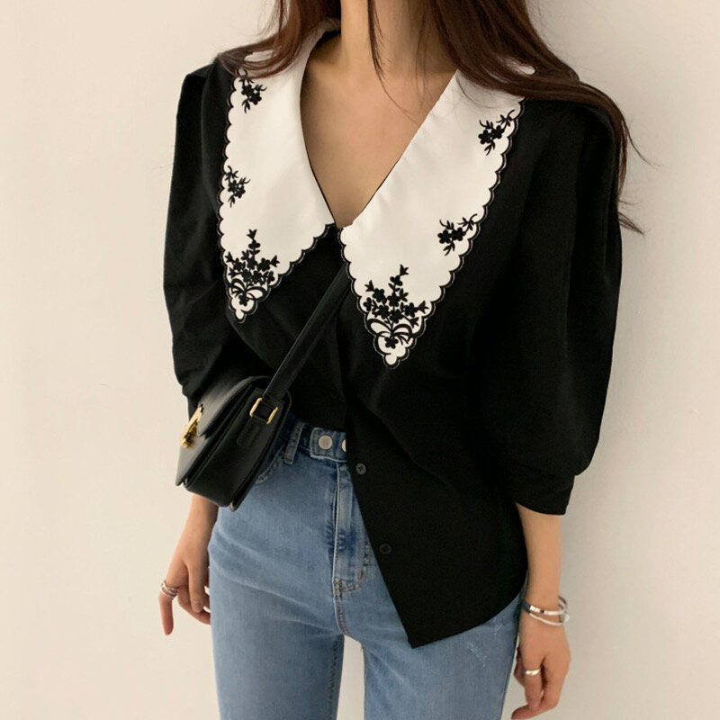 Women Tops Elegant Floral Embroidery Shirts Vintage Korean Chic Puff Sleeve Blouse Clothes Camisa Cuello Peter Pan Mujer 821A