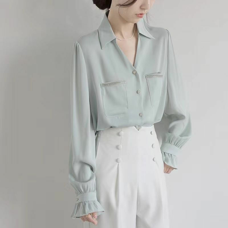 2022 v pescoço manga longa moda cor sólida chique sag camisa feminina elegante francês botão para cima camisa outono