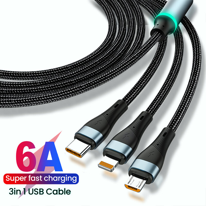 3in1 cabo de dados usb 6a 100w para iphone 14 13 12 pro 11 carregador rápido cabo de carregamento tipo-c para poco x4 pro xiaomi micro usb fio