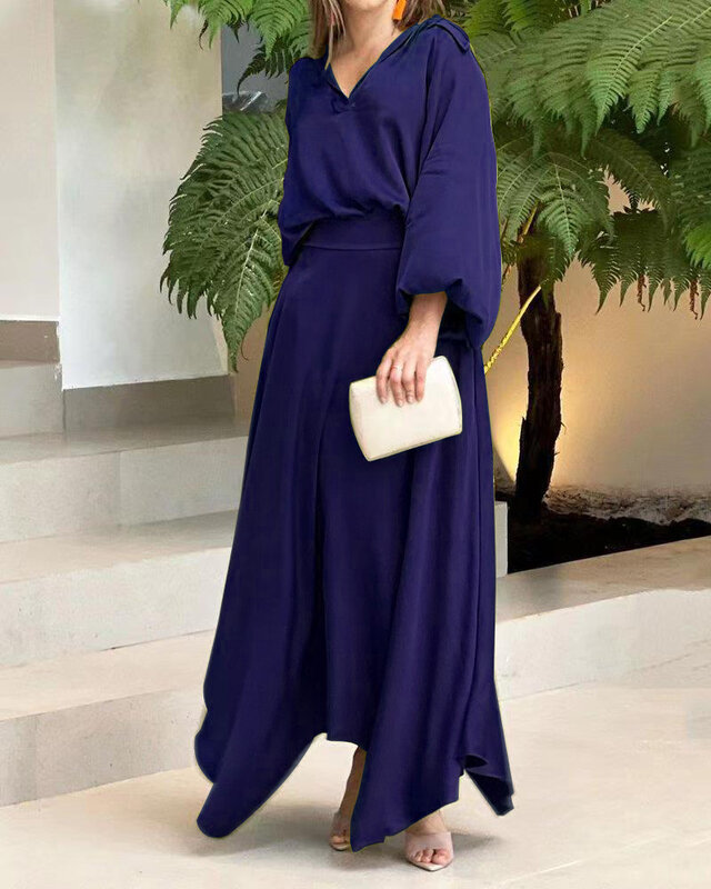 2022 nova moda feminina conjunto de duas peças solto manga longa topo elegante saia longa conjunto alta streetwear vestido terno feminino