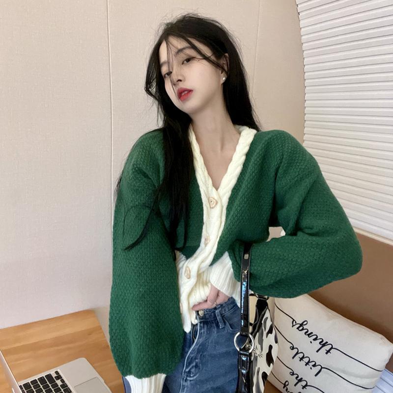 Contrast color lantern sleeve knitted cardigan women's 2022 spring and Autumn New Vintage knitted short loose sweater coat