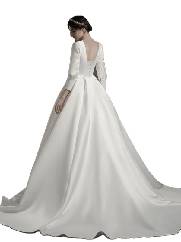 Letnia kobieca biała satynowa suknia ślubna-elegancka dekolt w szpic-z długim rękawem-spódnica z wysokim stanem