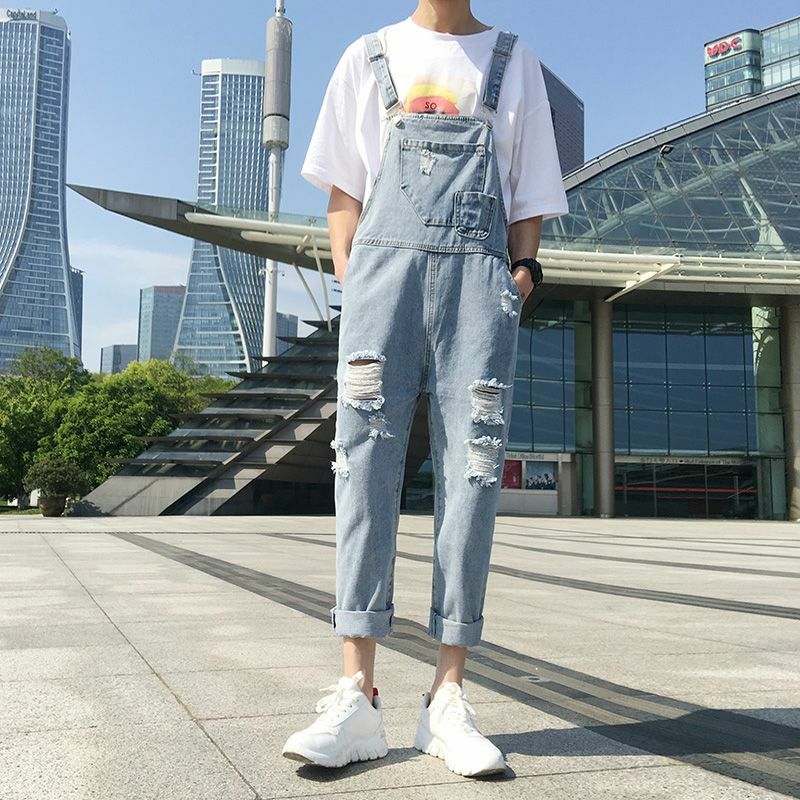 Celana Tali Denim Musim Panas Mode Pria Jumpsuit Serbaguna Pasangan Longgar Mode Korea Selatan Jumpsuit Remaja Celana Jeans Tali