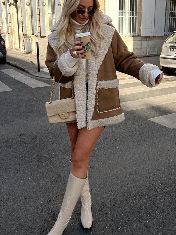 2023 jesienno-zimowa kobiety ciepłe futro płaszcz polarowy kurtka wełna jagnięca zagęszczony lokomotywa klapa kobieta Chic znosić najlepsze ubrania