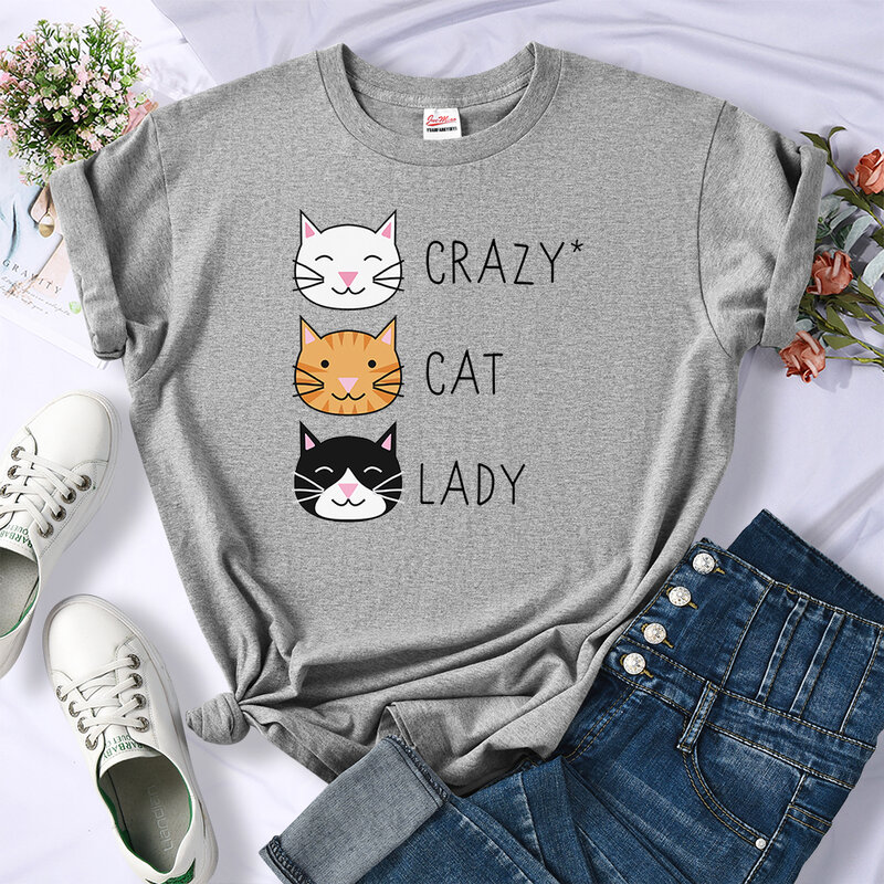 Crazy Cat Lady น่ารัก Hip Hop เสื้อยืดแฟชั่นของผู้หญิงเสื้อผ้าเสื้อยืดผู้หญิงแฟชั่นรอบใหม่คอผู้หญิงเส...