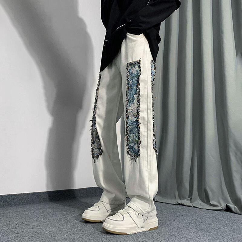Jeans europei e americani High Street Vibe da uomo nuovi pantaloni in Denim con cuciture Patch di alta qualità Y2k pantaloni dritti larghi di nicchia