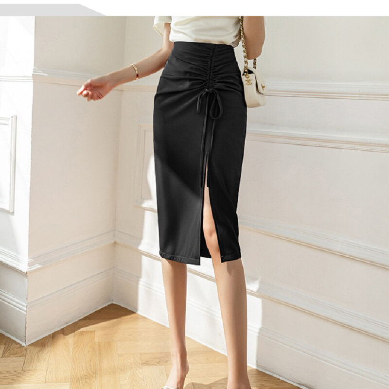 Wisher & tong elegante lápis saia escritório wear cintura alta dividir coreano moda preto saias longas para as mulheres 2022 verão