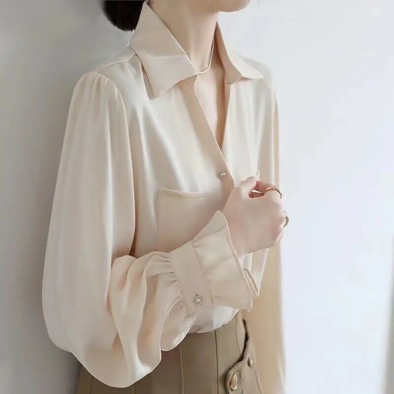 Elegant ภาษาฝรั่งเศสคำปุ่มเสื้อฤดูใบไม้ร่วงเสื้อผ้าผู้หญิง2022 V คอยาวแขนเสื้อแฟชั่นสีทึบ Chic Sag หญิ...