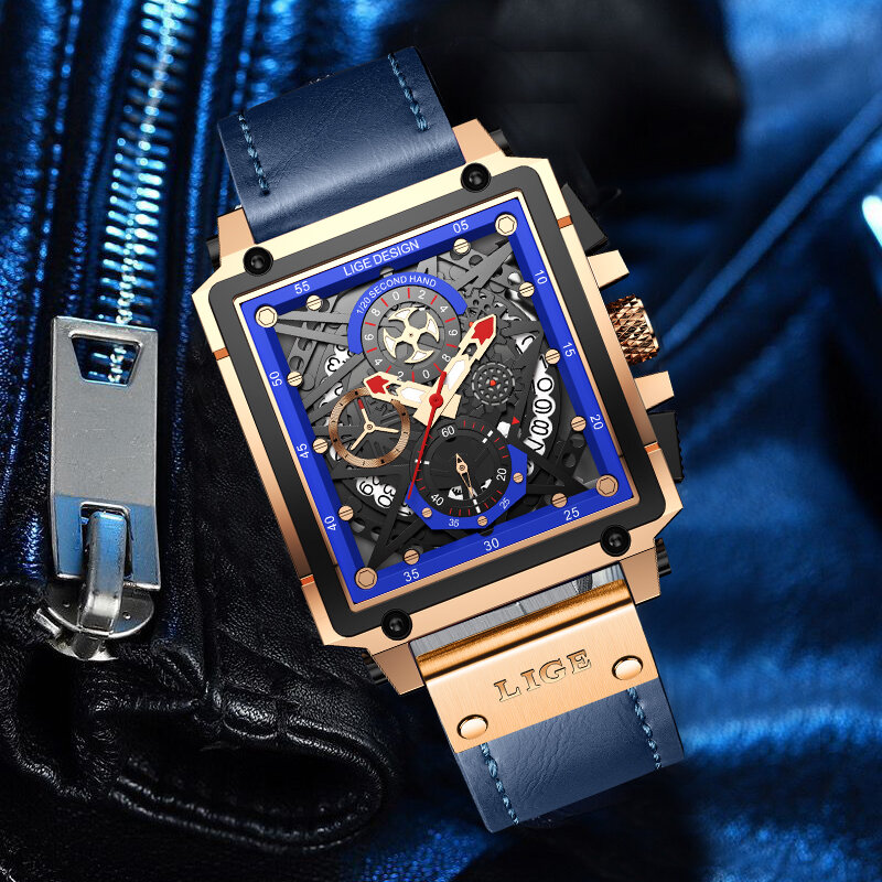 Lige relógio masculino marca de luxo esportes quartzo dos homens relógios de couro à prova dwaterproof água cronógrafo relógio pulso relogio masculino