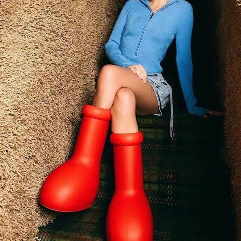 Big Red รองเท้าบูทยาวถึงเข่ารอบ Toe บอลลูน Slip On Ladies Sepatu BOOT Kasual 2023ใหม่สีทึบยี่ห้อคุณภาพสูงรองเท้าแฟชั่น