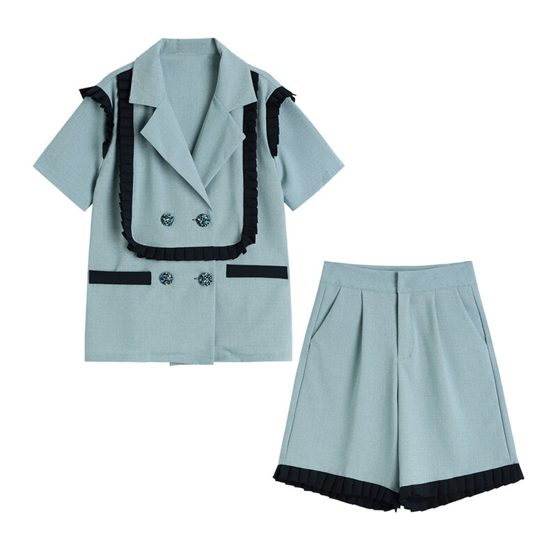 Two Piece Set Women Summer Loose Double Breasted Short Sleeve Blazer High Waist Shorts Pants England Style Shorts Suits Outfits