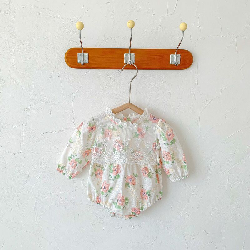 RiniKinda – combinaison en coton pour bébés filles, Style coréen, manches longues, motif floral, barboteuse, vêtements d'été
