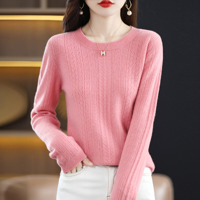 Suéter de lana pura para mujer, Jersey hueco de cuello redondo, tejido de manga larga, Base de Color sólido, otoño e invierno, nueva versión coreana
