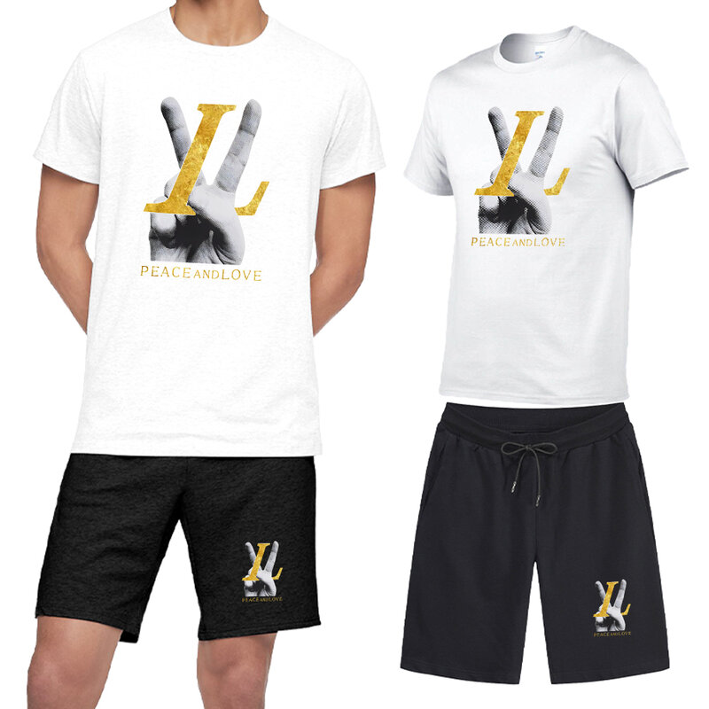 Survêtement d'été pour homme, 2 pièces, T-Shirt manches courtes + Short, imprimé paix and Love, vêtements de sport tendance, nouvelle collection