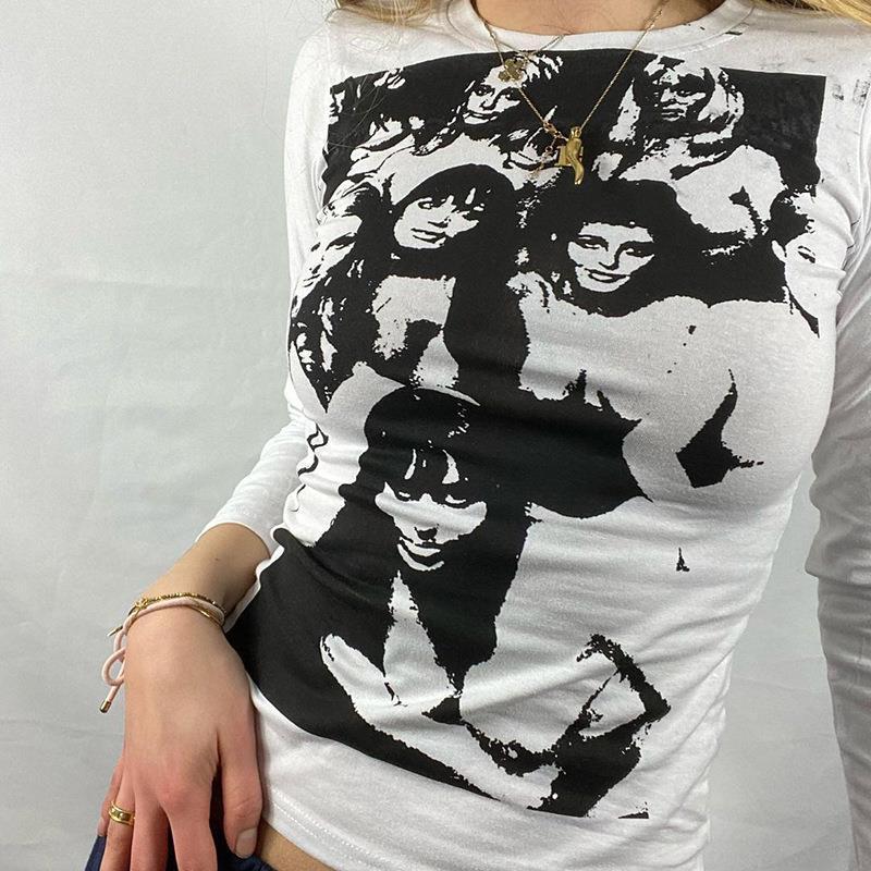 2022 damska wiosna/lato nowa damska Retro Hippie z nadrukiem z długim rękawem T-shirt Slim z długim rękawem Top Y2k odzież Crop Woman