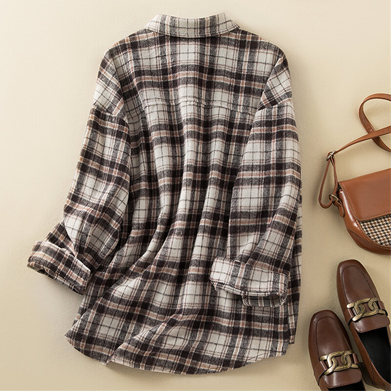 Limiguyue clássico xadrez camisa de lã do vintage blusas femininas solto outono inverno topos inglaterra estilo solto exterior usar elegante j960