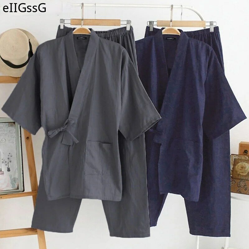 Piyama Kimono Pria Jepang Setelan Gaun Jubah Pria 2 Buah/Set Pakaian Tidur Jubah Mandi Santai Piyama Nyaman Katun Pria Longgar