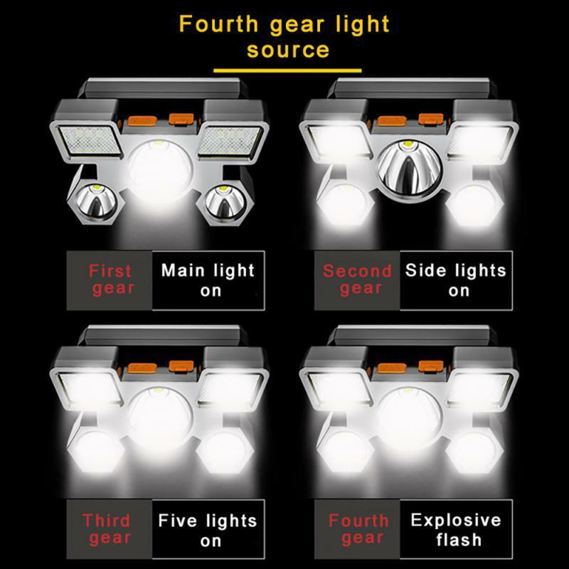 D5-ヘッド付きの強力なLED懐中電灯,5つのライトヘッドを搭載,超高輝度,充電式,長距離,ヘッドマウント,フラッシュライト