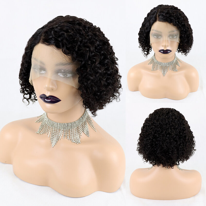 Jerry-Peluca de cabello humano rizado con flequillo para mujer, postizo de encaje frontal 13x4x1, pelo brasileño con ondas al agua