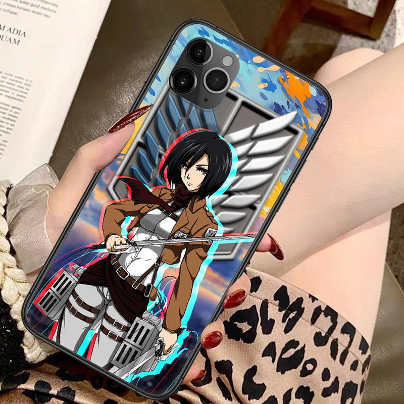 Mikasa ackerman anime caso de telefone para iphone se 2020 6s 7 8 11 12 13 mini plus x xs xr pro max preto silicone pára-choques pintura