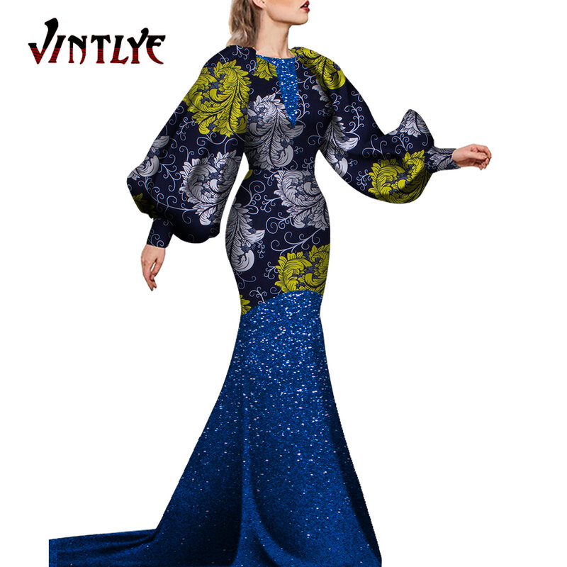 Vestido africano de moda para mujer, vestido de noche Dashiki con estampado de manga linterna, WY5895