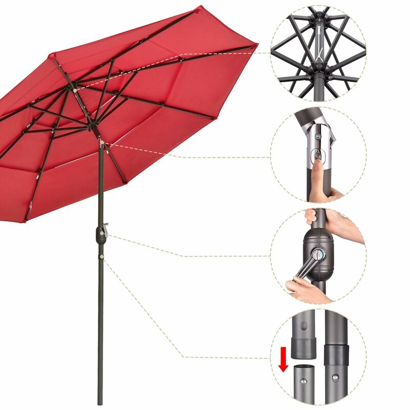 9Ft 3-Tiers Patio Umbrella Durable UV & Fade Resistant Canopy Red