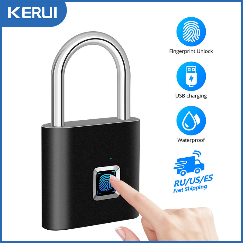 KERUI-Keyless Cadeado inteligente, Carregamento USB, Fechadura de impressão digital, Cadeado Anti-Roubo portátil, Bloqueio da porta impermeável, 0.2sec Desbloqueio