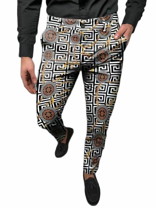 Outono calças de impressão masculina inteligente casual estilo étnico lápis calças masculinas fino meados cintura basculante casual calças terno streetwear S-3XL