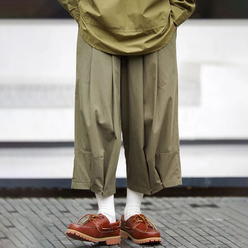 Japonês cityboy verão de secagem rápida solto largo-perna seção fina marca masculina na moda funcional pacote pés plissados calças cortadas