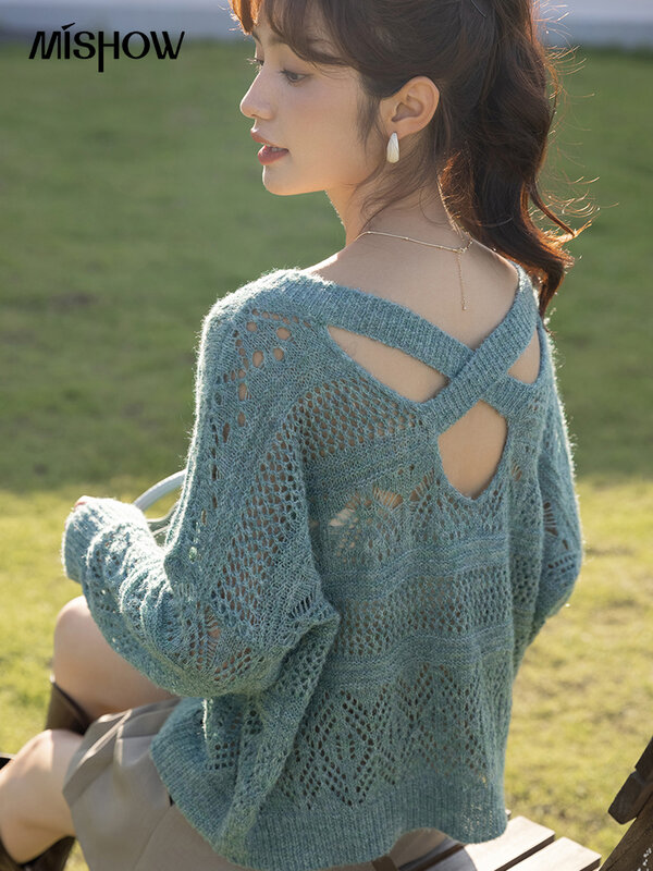 Mishow moda camisola feminina 2022 outono coreano moda solta sólido vneck pulôver oco para fora casual de malha topos mxb31z0739