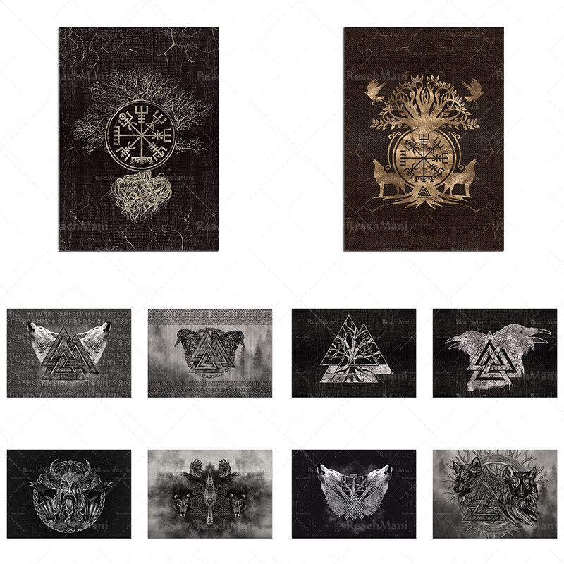 Valknut 기호와 까마귀와 늑대, 사슴, 생명의 나무, odin의 Gunnir's spear, Thor, 바이킹 나침반 벽 아트 포스터 장식