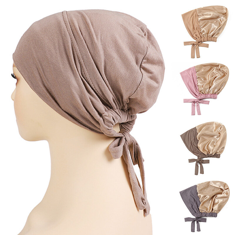 Double Layer Soft ซาติน Hijab Cap หมวกอิสลามสวมหมวก Underscarf Tie Bonnet ตุรกีผ้าพันคอมุสลิม Headcover Multicolor