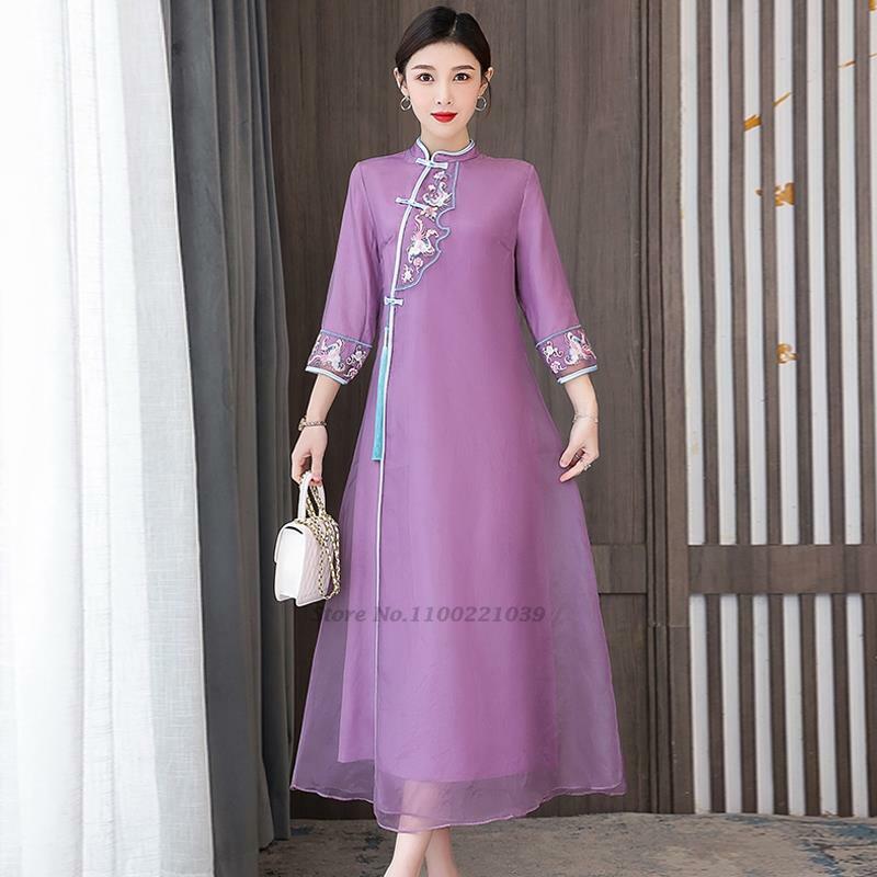 2023 китайское традиционное шифоновое платье qipao, национальное платье Ципао с цветочной вышивкой, элегантное Восточное свадебное платье