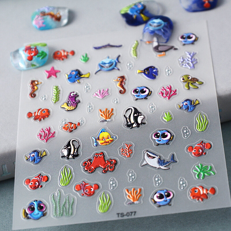 Autocollants à ongles thème animaux de mer, 5D, dessin animé mignon, pour filles, décoration des ongles, curseur auto-adhésif, TS-077