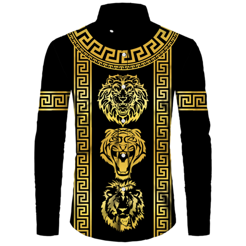 Golden Lion Pattern 3D Print Men Shirts Long Sleeve Turn-down Collar Button Tops Fashion Baroque Style Men's Streetwear Clothing