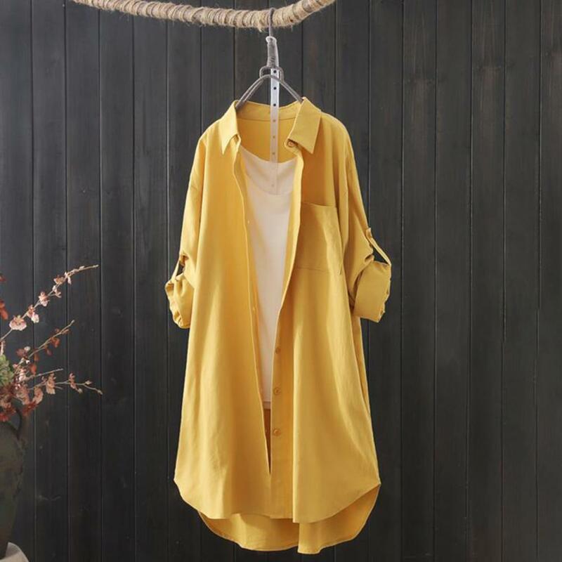 Shirts Women Turn Down Collar Long Sleeve Single-breasted Women Shirt Casual Solid Color Mid-Length Shirt Coat Female Clothing