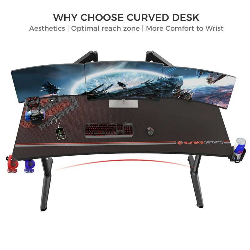 60 дюймовый игровой компьютерный стол, домашний офис I-образная структура с искусственной кожей, подставка для контроллера, подставка для чашки и искусственная кожа