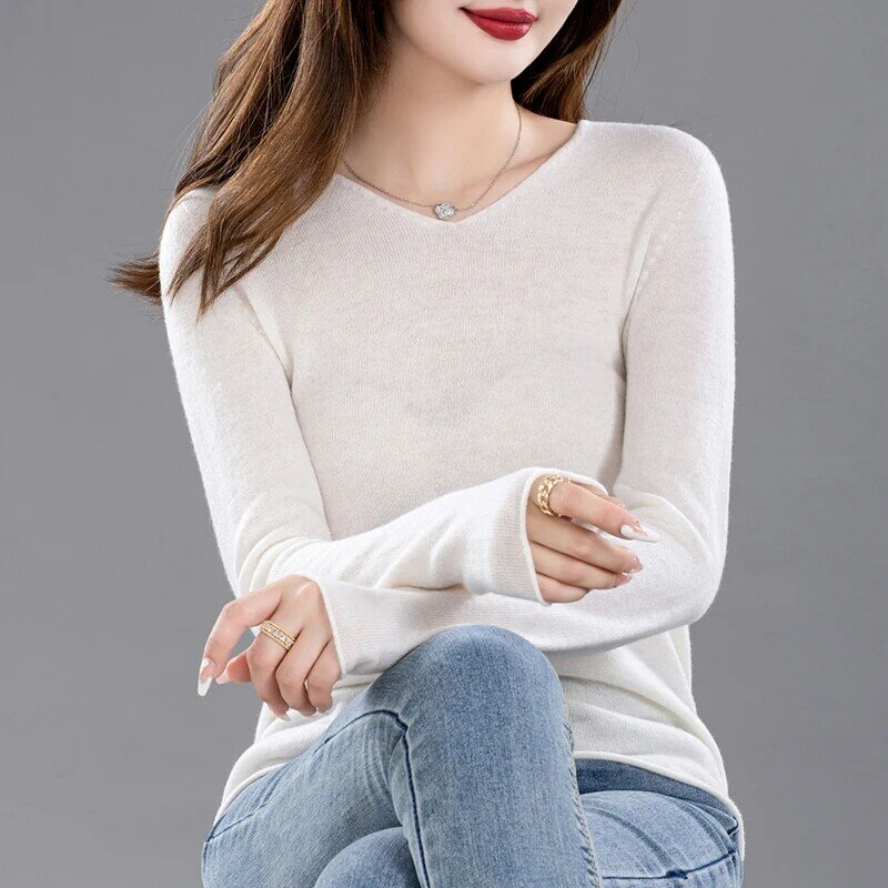 100% Pure Wool Sweater Women's V-neck Base Loose Pullover Seamless Knitted All-Matching Low Collar Lightweight Sweater