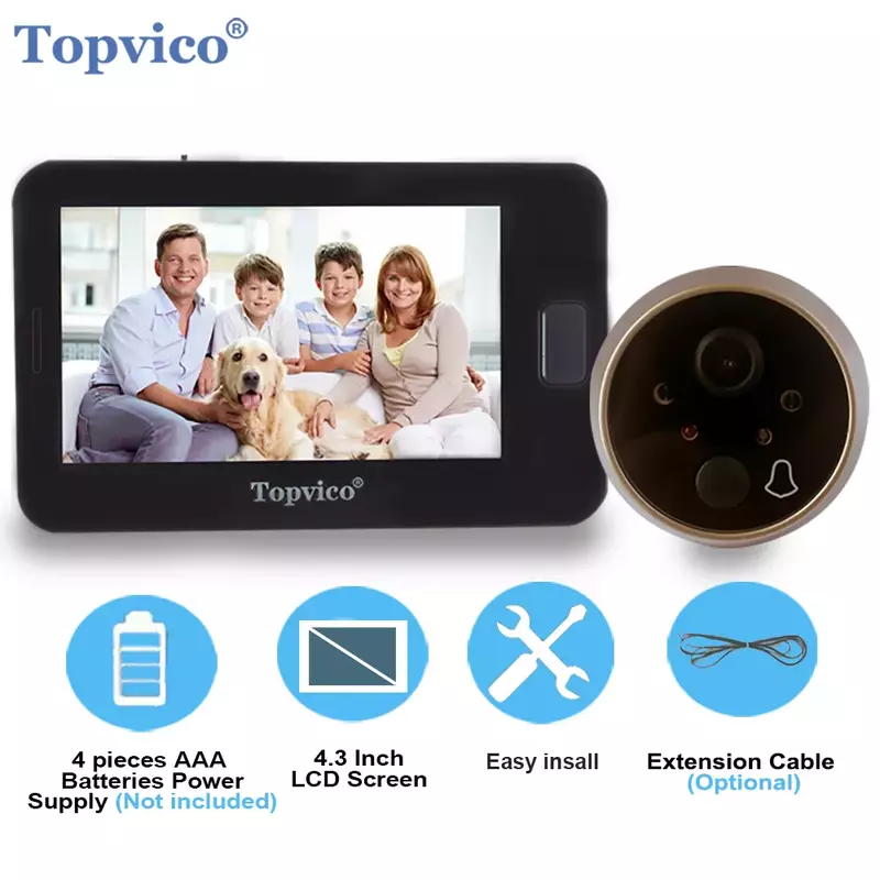 Topvico – caméra de porte, écran couleur 4.3 pouces, sonnette électronique, lumières LED, visionneuse vidéo, sécurité à domicile